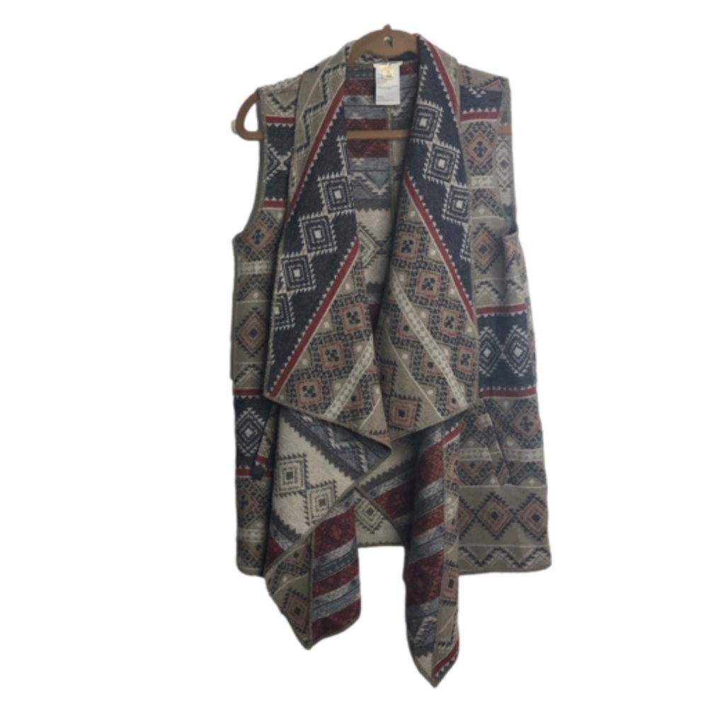 Tribal Jeans Open Front Cardigan Vest M Blue Red Tan Cascading Waterfall Pockets